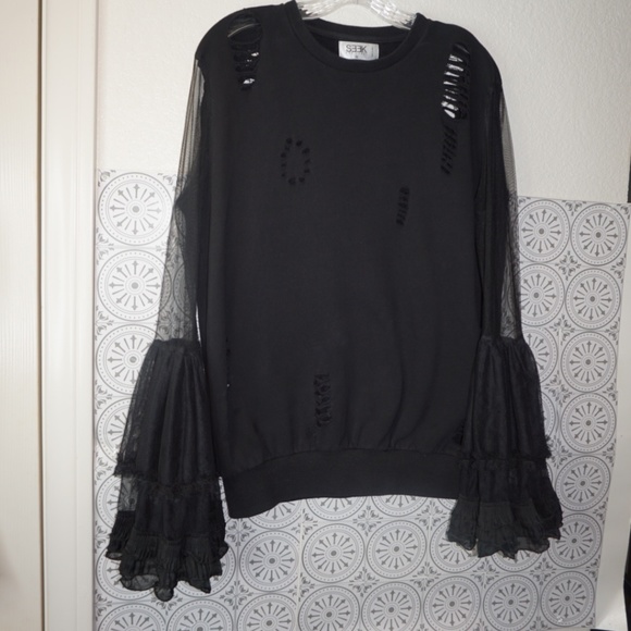 Seek The Label, Distressed Sweatshirt with Sheer Bell Sleeves - Picture 1 of 7
